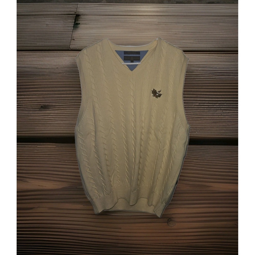 Tommy Hilfiger Sweater Vest Mens Large Yellow V Neck Sleeveless Golf Eagles Log